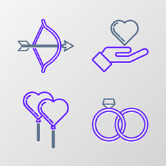 Set line Wedding rings, Balloons form of heart with ribbon, Heart hand and Bow arrow icon. Vector