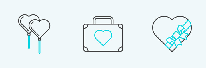 Set line Candy in heart shaped box and bow, Balloons form of with ribbon and Suitcase travel icon. Vector