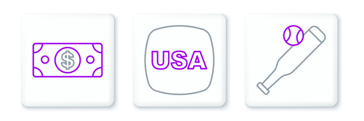 Set line Baseball bat with ball, Stacks paper money cash and USA Independence day icon. Vector
