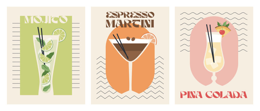 Poster drink set. Cocktail arts. Retro posters with alcohol cocktails. Mojito. Pina colada. Espresso Martini. 90s 80s 70s  groovy posters. Modern trendy print. Drink with fruit and ice.