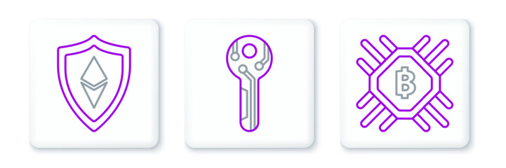 Set line CPU mining farm, Shield Ethereum ETH and Cryptocurrency key icon. Vector
