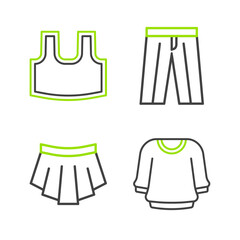 Set line Sweater, Skirt, Pants and Undershirt icon. Vector