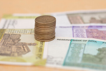 Indian colourful Money Rupee Notes and Coins 