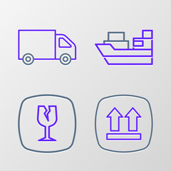 Set line This side up, Fragile broken glass, Cargo ship with boxes delivery and Delivery cargo truck icon. Vector
