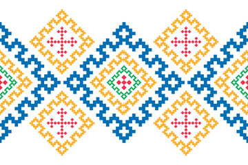 Cross Stitch embroidery seamless.Geometric pixel ethnic patterns. American, Mexican,African, mediterranean, nordic,Aztec style.Tradition folk art background design for products, fabric, ,print,decor.