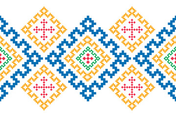 Cross Stitch embroidery seamless.Geometric pixel ethnic patterns. American, Mexican,African, mediterranean, nordic,Aztec style.Tradition folk art background design for products, fabric, ,print,decor.