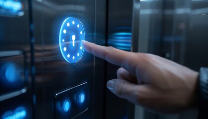 A hand presses a glowing blue button with a key symbol, representing access and security.