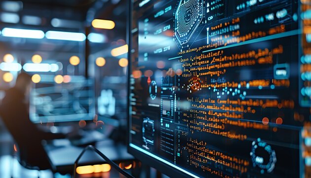 A closeup of a computer screen showing a machine learning model being developed, with code and predictive analytics visible, and a focused data scientist working in the background