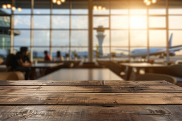 A wooden table in the foreground with a blurred background of an airport lounge. The background includes comfortable seating, large windows with views of airplanes, travelers relaxing or working