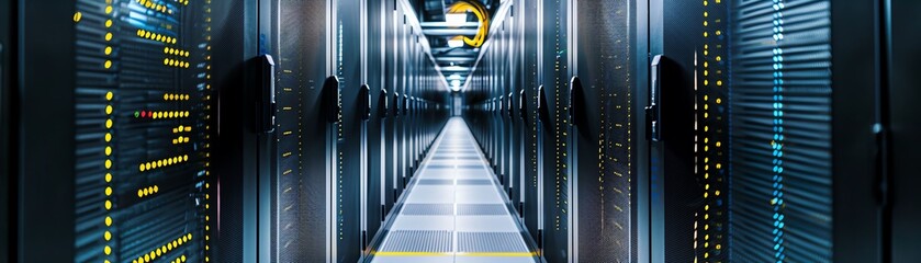 Fototapeta premium A closeup of a data center with rows of server racks, cooling systems, and structured cabling, highlighting the scale and complexity of modern IT infrastructure