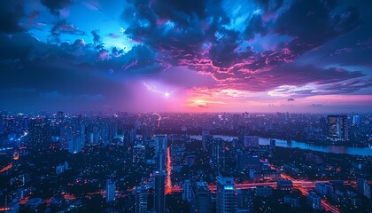 Fototapeta premium A dramatic thunderstorm with lightning illuminating the night sky over a city skyline