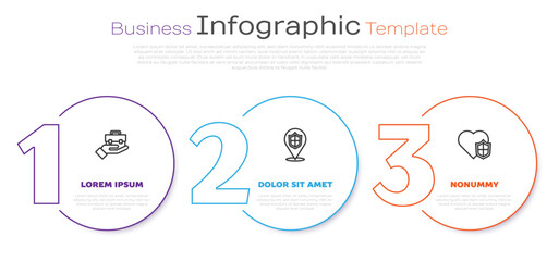 Set line Hand holding briefcase, Location shield and Life insurance with. Business infographic template. Vector