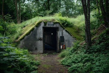 Fortified Underground Bunker Concealed in Dense Vegetation with Equipment Scattered Around Its Entrance