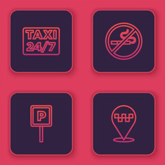 Set line Location with taxi, Parking, No Smoking and . Blue square button. Vector