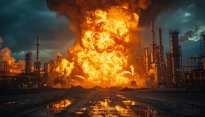 A photo of a chemical explosion at an industrial plant, with flames and smoke billowing into the sky