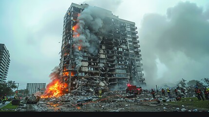 A photo of a collapsed apartment building following an explosion, with rescue teams searching for survivors in the rubble