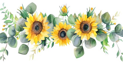 Naklejka premium A serene watercolor garland with sunflowers and eucalyptus
