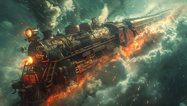 A steampunk train traveling through a stormy sky
