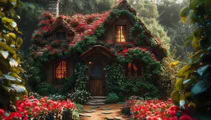 A whimsical fairytale cottage surrounded by blooming flowers and ivy