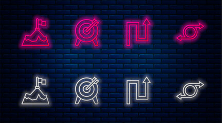 Set line Target, Arrow, Mountains with flag and . Glowing neon icon on brick wall. Vector