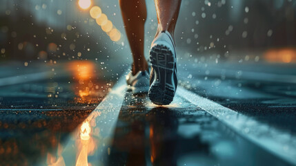 Close-up of the runner's shoes. Only the feet are visible. A man is running on the street. Physical exercise, fitness and healthy lifestyle. Concept of speed, sparks, splashes from under sneakers.