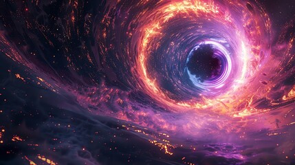 A swirling, fiery vortex in space, a black hole with a bright purple ring, surrounded by cosmic dust.