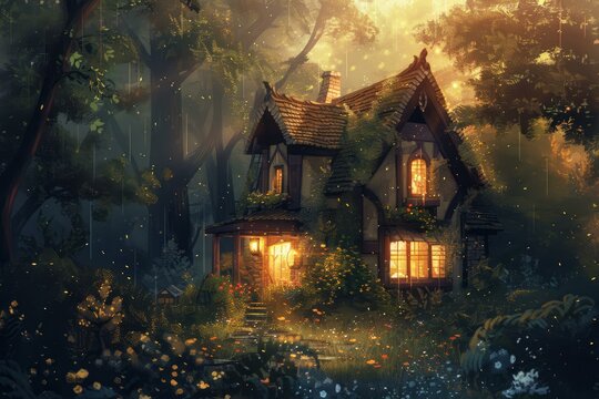 Magical scene of a cozy cottage with glowing windows in a mystical forest at dusk