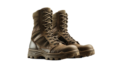 Military soldier boots isolated on a white background. The boots are detailed with rugged leather, thick soles, laces, and reinforced toes. 