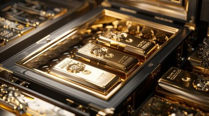 A collection of gold bars intricately arranged in a black and gold case, showcased at a financial exhibition during the day.
