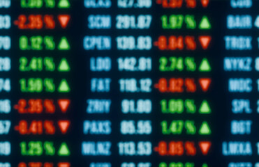 Obraz premium Blurred trading board with stock market prices, positive and negative percentage changes. All information in defocus. Abstract stock exchange concept. 3D illustration