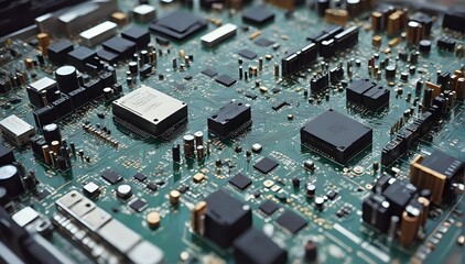 Fototapeta premium Microchip and Circuit Board with AI-Inspired Artificial Neural Networks