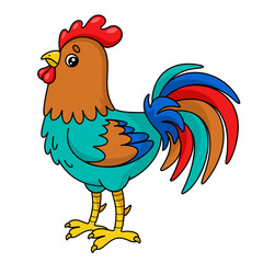 Cute rooster in cartoon style. Colored farm bird. Vector colorful baby illustration isolated on white background.