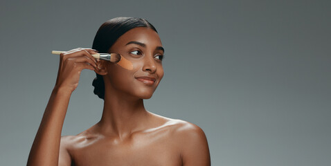 Beauty, makeup and foundation brush of a woman with cosmetics, smile and dermatology. Portrait of a...