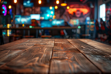 A wooden table in the foreground with a blurred background of a gaming cafÃ©. The background features rows of gaming PCs, comfortable gaming chairs, colorful LED lights, and posters of popular games. 