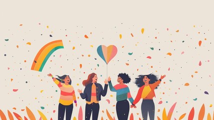 Flat illustration of a poster for an international LGBTQ festival celebration, In A beautiful website banner in the Notion illustration style, with a white background and clean, minimalist lines. 