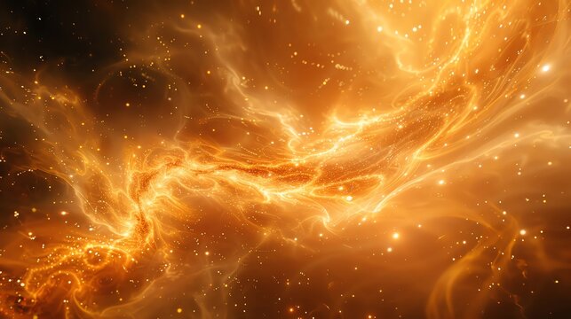 Abstract cosmic background with swirling golden nebula and scattered stars.