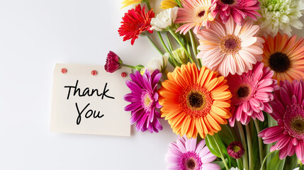 A 'Thank You' note surrounded by a variety of colorful flowers on a white background, conveying gratitude
