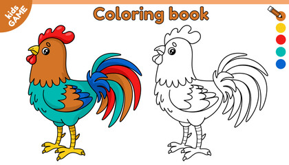 Page of kids coloring book with cartoon rooster. Color the outline picture. Educational activity sheet for preschool and school children. Vector contour illustration of farm bird for education baby.