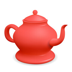 Vector realistic 3D illustration of a red porcelain teapot isolated from the background. Homemade tea kettle clipart. Crockery isolated from background