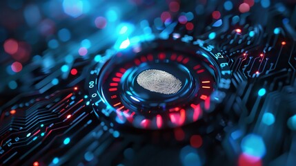 Abstract futuristic technology concept with a glowing circuit board and a central, glowing, spherical object.