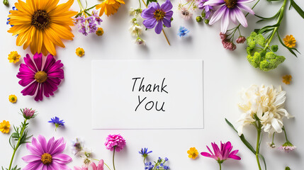 A white 'Thank You' card placed among a scattered arrangement of various fresh flowers