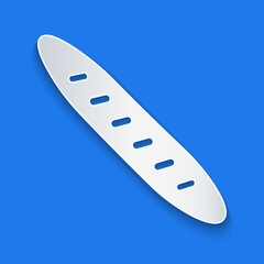 Paper cut French baguette bread icon isolated on blue background. Paper art style. Vector