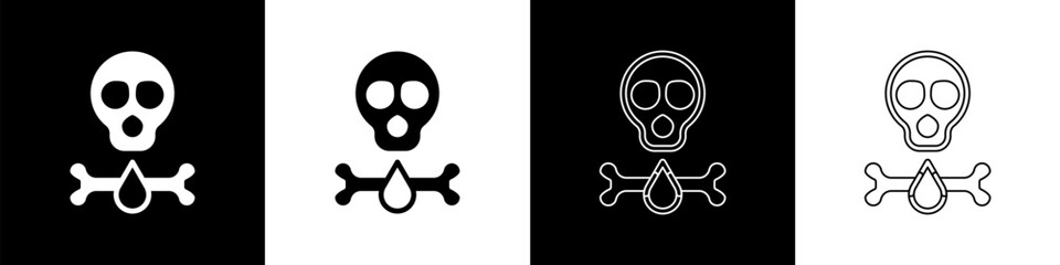 Set Bones and skull as a sign of toxicity warning icon isolated on black and white background. Vector
