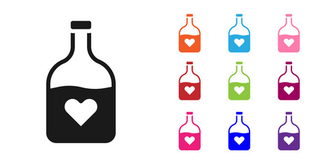Black Bottle with love potion icon isolated on white background. Happy Valentines day. Set icons colorful. Vector
