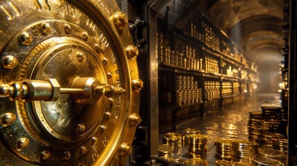 A secure underground vault filled with neatly stacked gold bars and scattered gold coins, illuminated in a dim, reflective light.