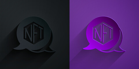 Paper cut NFT Digital crypto art icon isolated on black on purple background. Non fungible token. Paper art style. Vector