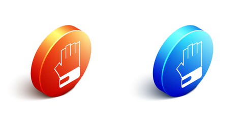 Isometric MMA glove icon isolated on white background. Sports accessory fighters. Warrior gloves. Orange and blue circle button. Vector