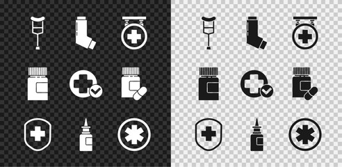 Set Crutch or crutches, Inhaler, Hospital signboard, Medical shield with cross, Bottle nasal spray, symbol of the Emergency, Medicine bottle and Cross hospital medical icon. Vector