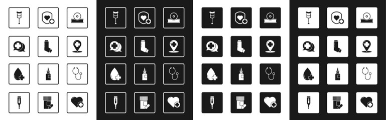 Set Otolaryngological head reflector, Inhaler, Dialogue with the doctor, Crutch crutches, Map pointer cross hospital, Shield and heart rate, Stethoscope and Donate drop blood icon. Vector