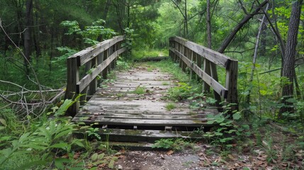 Obraz premium Old ruined wooden hanging bridge in over river. Scary place to walk through since the whole thing its broken